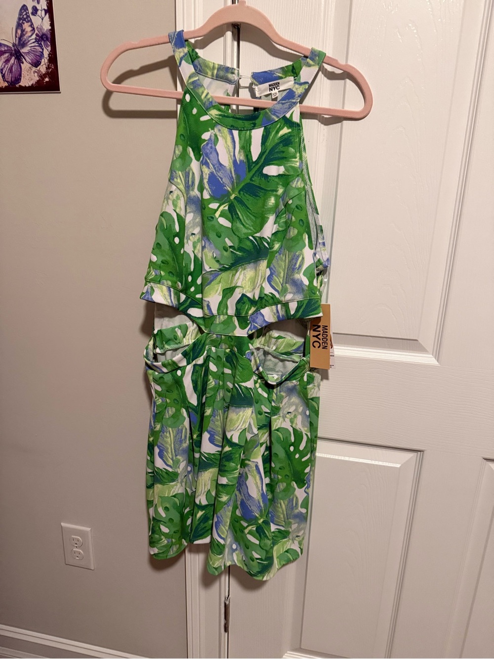 Madden Girl Green, White & Blue Tropical Cutout Jumpsuit